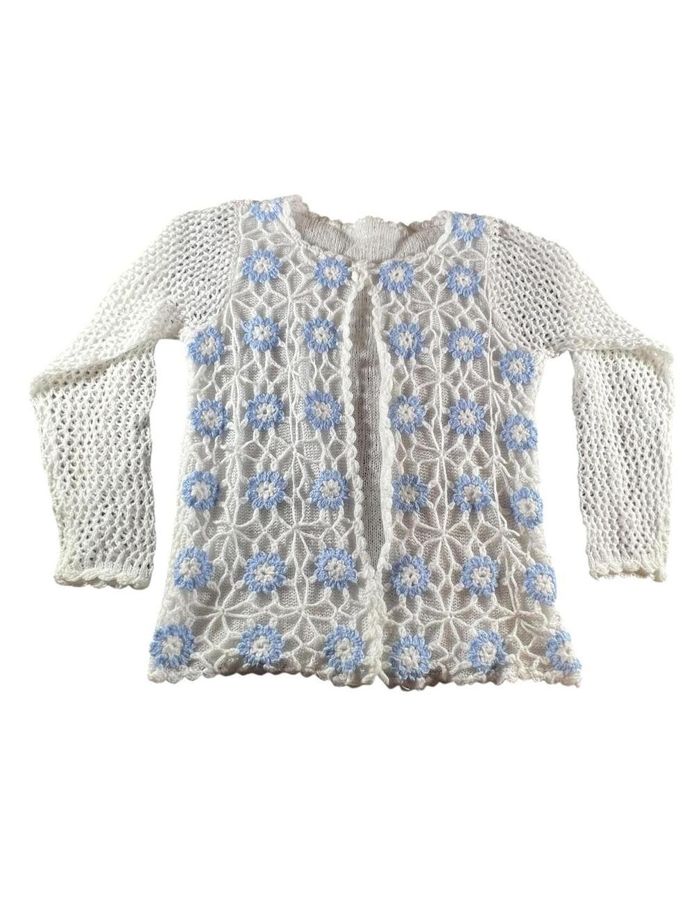 White Blue Floral Crochet Knit Cardigan